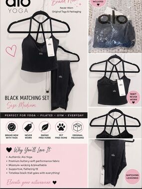 ALO Yoga Black Strappy Cropped Sports Bra with Matching Black Leggings